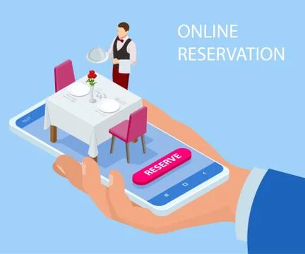 Online reserved table in restaurant. Concept Reserved in cafe. Isometric concept Stock Illustration
