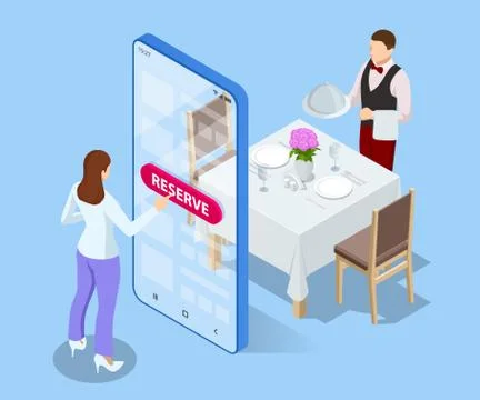 Online reserved table in restaurant. Concept Reserved in cafe. Isometric concept Stock Illustration