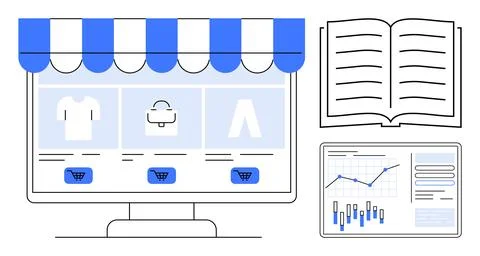 Online retail store displayed on computer monitor, accompanied by an open boo Illustrazione stock