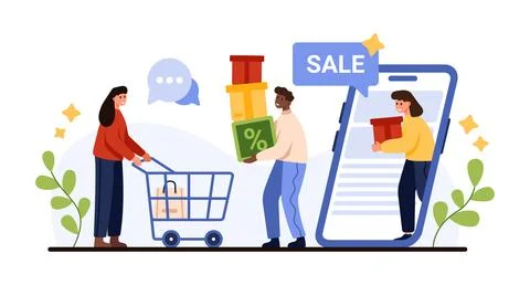 Online retail store sales, discounts offer and loyalty program bonuses by tiny Stock Illustration