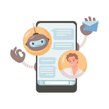 Online robotic assistance vector flat illustration. Young man chatting with Stock Illustration