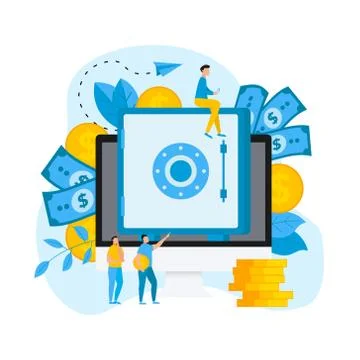 Online safe box with money saving dollar coins. Finance concept Illustrazione stock