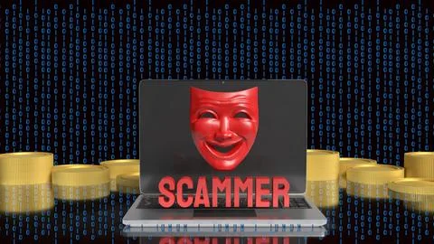 Online Scammer Hiding Behind Digital Mask and Laptop 3d render. Stock Illustration