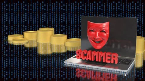 Online Scammer Hiding Behind Digital Mask and Laptop 3d render. Stock Illustration