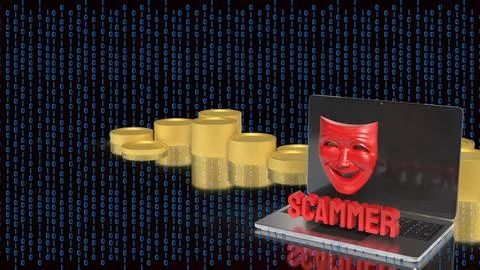 Online Scammer Hiding Behind Digital Mask and Laptop 3d render. Stock Illustration