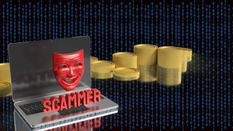 Online Scammer Hiding Behind Digital Mask and Laptop 3d render. Stock Illustration