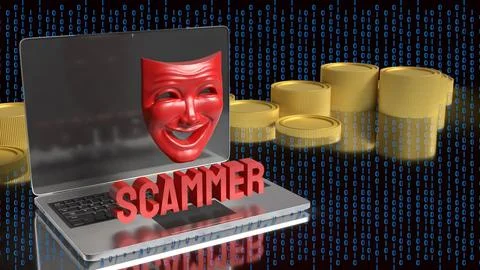 Online Scammer Hiding Behind Digital Mask and Laptop 3d render. Stock Illustration