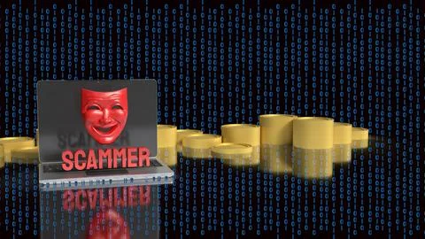 Online Scammer Hiding Behind Digital Mask and Laptop 3d render. Stock Illustration