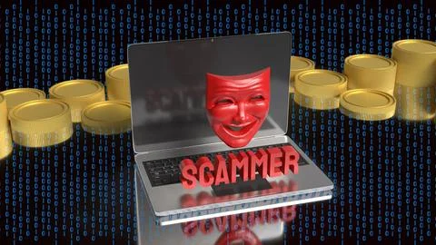 Online Scammer Hiding Behind Digital Mask and Laptop 3d render. Stock Illustration