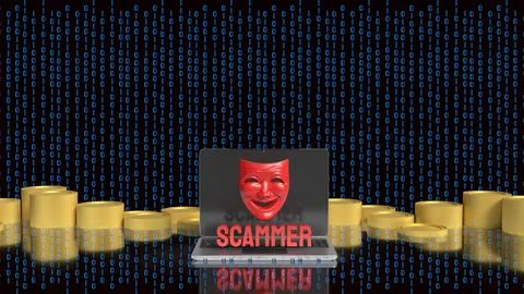Online Scammer Hiding Behind Digital Mask and Laptop 3d render. Stock Illustration
