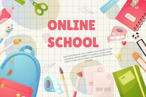 Online school, back to school. Template, poster banner. Cartoon backpack an.. Stock Illustration