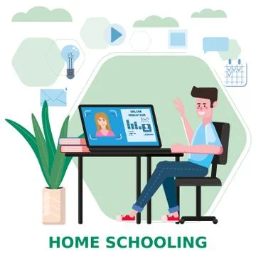 Online school boy studying with computer and books, smile. The concept of online Stock Illustration