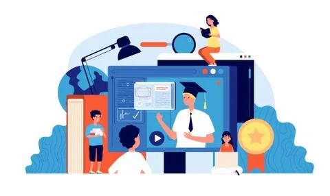 Online school. Creative free e-learning. Children home education. Student with Stock Illustration