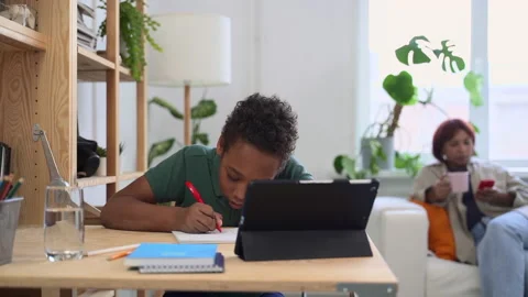 Online school education child does tasks from internet spbd Stock Footage 165378012