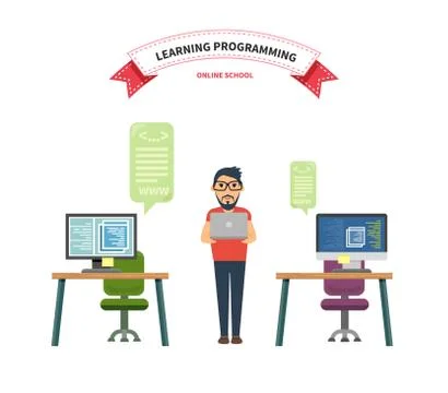 Online School Leaning Programming Stock Illustration
