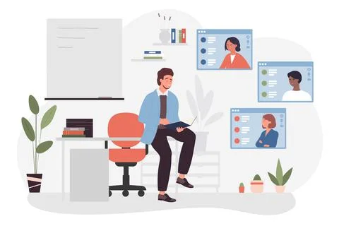 Online school lesson or lecture with children classmates and teacher, students 스톡 일러스트