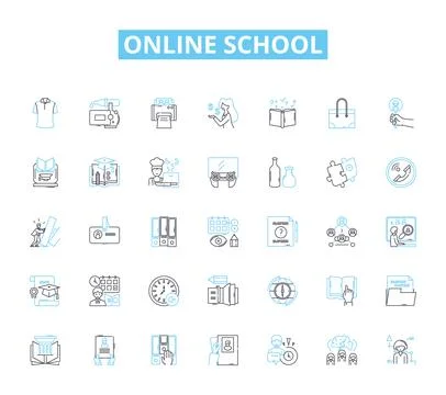 Online school linear icons set. Distance, Web-based, Virtual, Remote, E-learning 스톡 일러스트