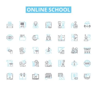Online school linear icons set. Distance, Web-based, Virtual, Remote, E-learning 스톡 일러스트