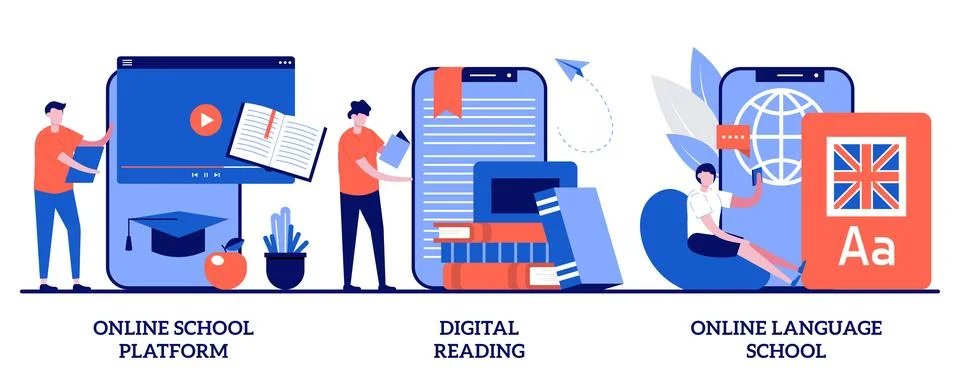 Online school platform, digital reading, language school concept with tiny .. Stock Illustration