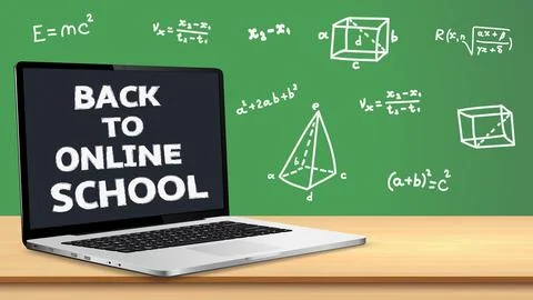 Online school vector design. Back to online school text in laptop device an.. Illustrazione stock