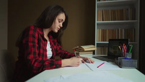 Online school, webcam lessons. Child distance education at home at table with Stock Footage 252487671