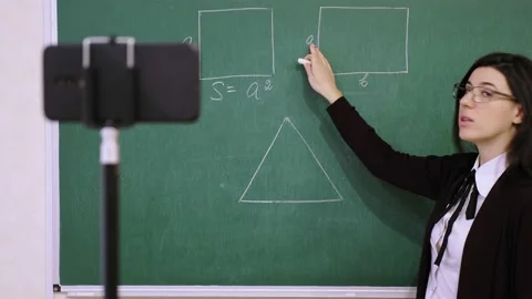 Online schooling, e-learning. Female teacher is holding online lesson, remotely Stock Footage 145351384