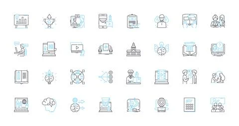 Online schooling linear icons set. Distance, Virtual, Education, Learning, E Illustrazione stock