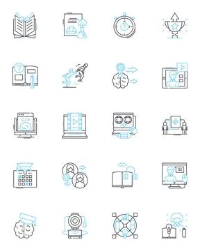 Online schooling linear icons set. Distance, Virtual, Education, Learning, E Illustrazione stock