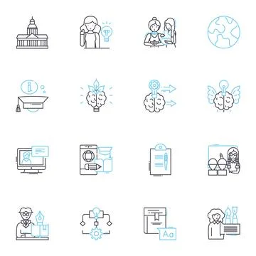 Online schooling linear icons set. Distance, Virtual, Education, Learning, E Illustrazione stock