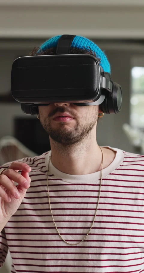 Online, scroll and man with virtual reality glasses for cyberspace, metaverse Stock Footage 332976230