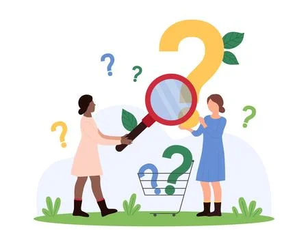 Online search for answer to question, FAQ, tiny girls look through magnifying Stock Illustration