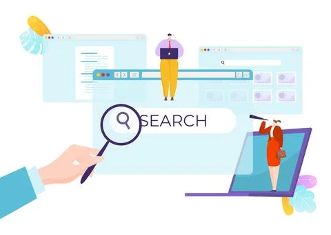 Online search concept with characters looking at computer screen and magnifying Stock Illustration