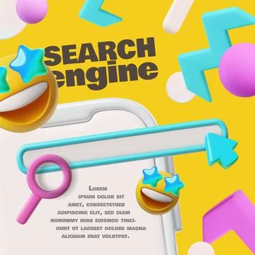 Online search engine network 3D cartoon vector banner, smiley emoticons, search Illustrazione stock