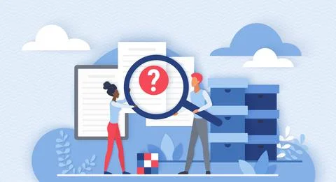 Online search of information, cloud organization, tiny people with magnifying Stock-Illustration