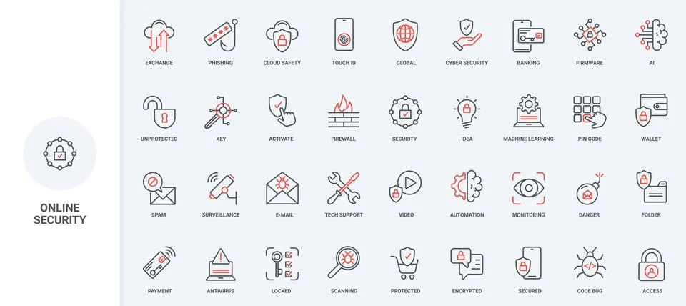 Online secure data, cybersecurity and protection with firewall, antivirus line Stock Illustration