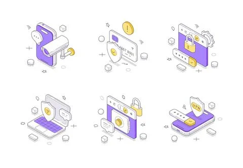 Online Security And Privacy Technology Isometric Vector Illustration Icon Set イラスト素材