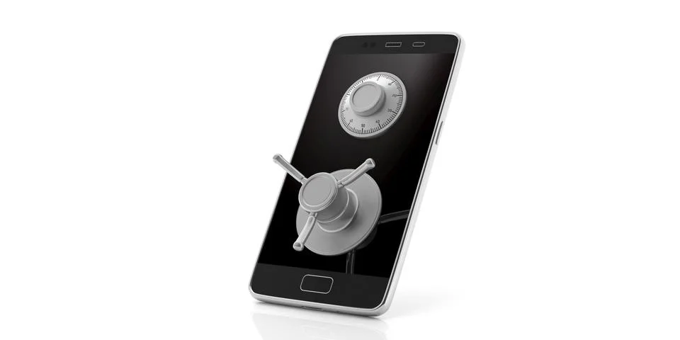 Online security concept. Smartphone combination lock safe, isolated, white ba Illustrazione stock