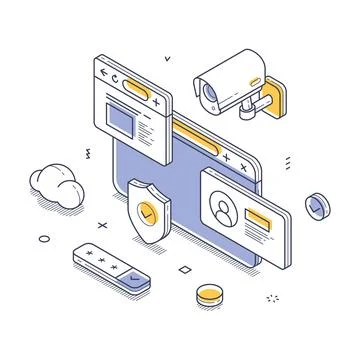 Online security, featuring a computer with shields, cameras, and identity ico Stock Illustration