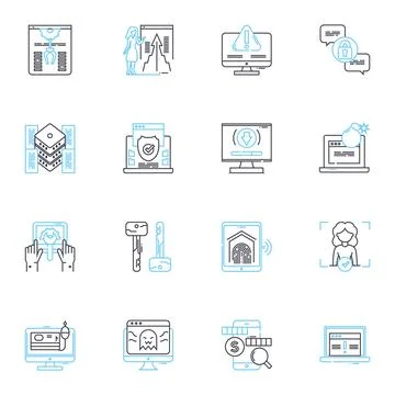 Online security linear icons set. Encryption, Firewall, VPN, Malware, Cybercrime Stock Illustration