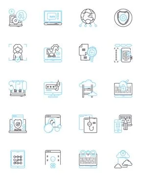 Online security linear icons set. Encryption, Firewall, VPN, Malware, Cybercrime Stock Illustration