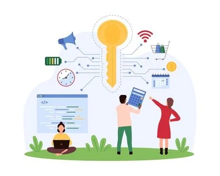Online security of personal services and data, tiny people work with big key to Stock Illustration