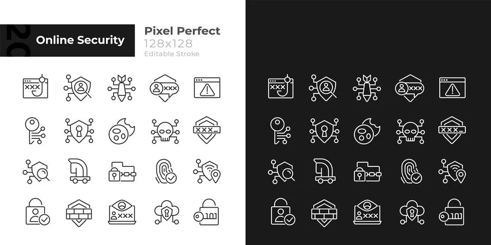 Online security pixel perfect linear icons set for dark, light mode Stock-Illustration