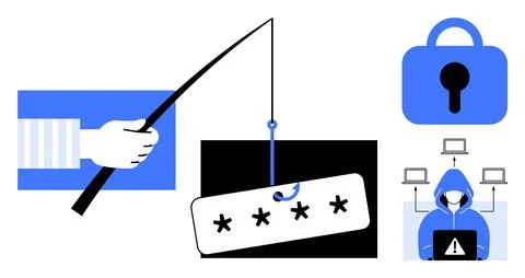 Online Security Threats - Phishing Attack Depiction with Password, Lock Ico.. Stock Illustration
