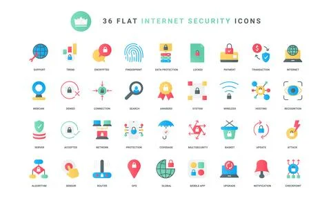 Online security trendy flat icon set, secure encrypted connection, fingerprint Stock Illustration