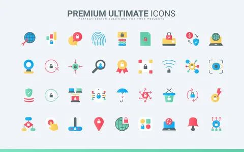 Online security trendy flat icons set, cybersecurity system and hosting on イラスト素材