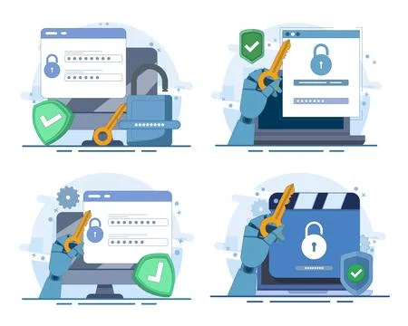 Online security vector set depicting safe sign-in, account registration. Stock Illustration