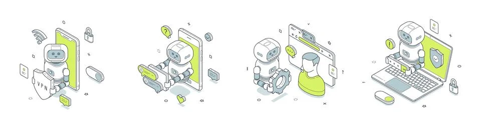 Online service technology isometric vector illustration. Chatbot for customer Stock Illustration