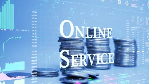 Online service text on coins stack increase with business data hologram. Stock Footage 283435763