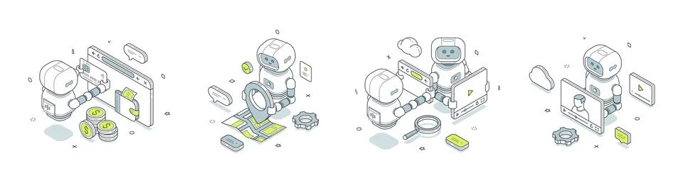 Online services automation isometric vector illustration. Robot handles payme Stock Illustration