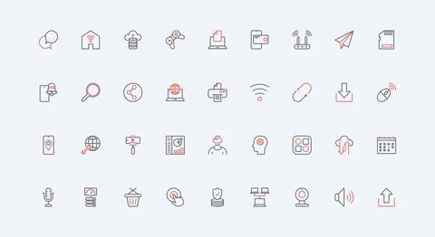 Online services for data download, chart analytics, planning, social media line Illustrazione stock
